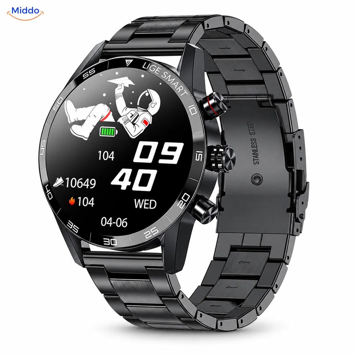 LIGE smartwatch: zwart model met stalen schakelband.