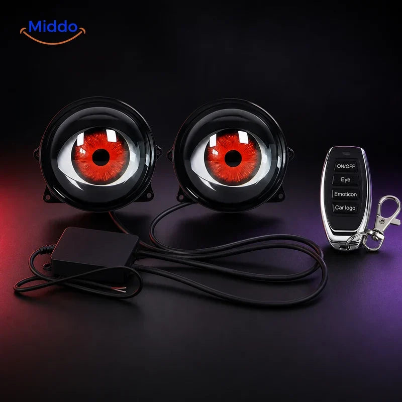 NightStare LED-ogendecoratie voor koplampen: bolle oogmodules met een afstandsbediening met meerdere knoppen.