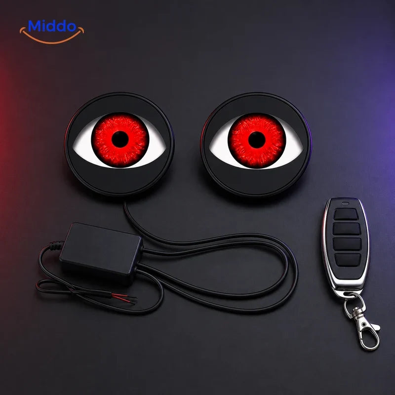 NightStare LED-ogendecoratie voor koplampen: platte oogmodules met een afstandsbediening met twee knoppen.