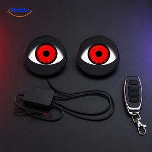 NightStare LED-ogendecoratie voor koplampen: platte oogmodules met een afstandsbediening met twee knoppen.