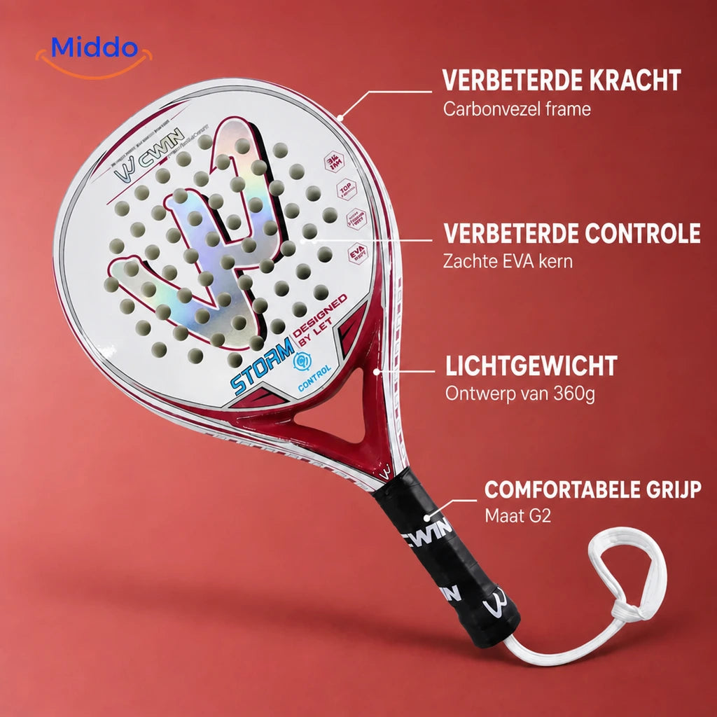 PadelPro padelracket: overzicht van frame, slagvlak en handgreep.