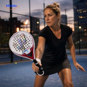 PadelPro padelracket: vrouw in speelhouding tijdens een rally.
