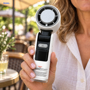 Palmora opvouwbare handventilator: wit model met zwarte handgreep in een hand.