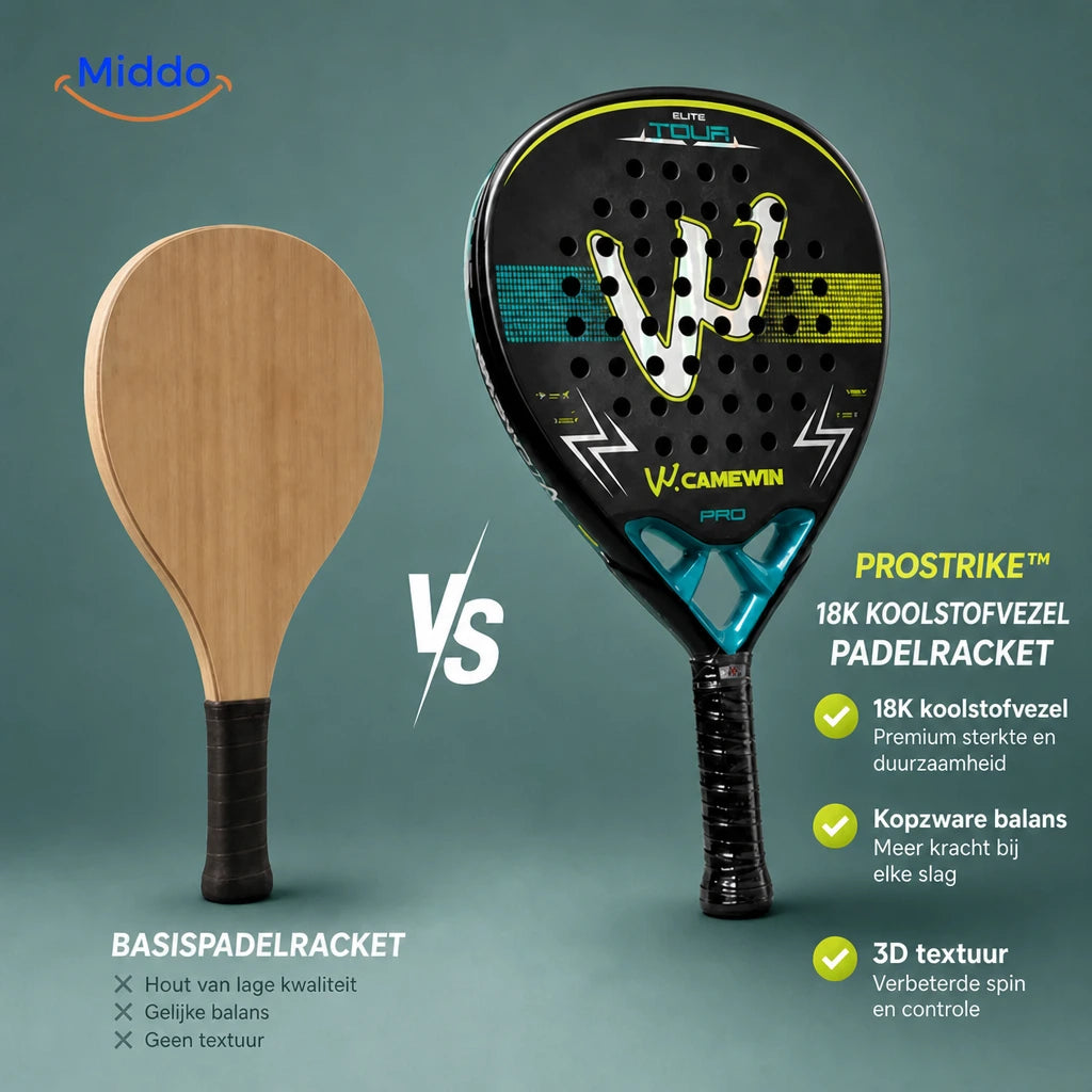 ProStrike padelracket: vergelijking met een eenvoudig houten racket.