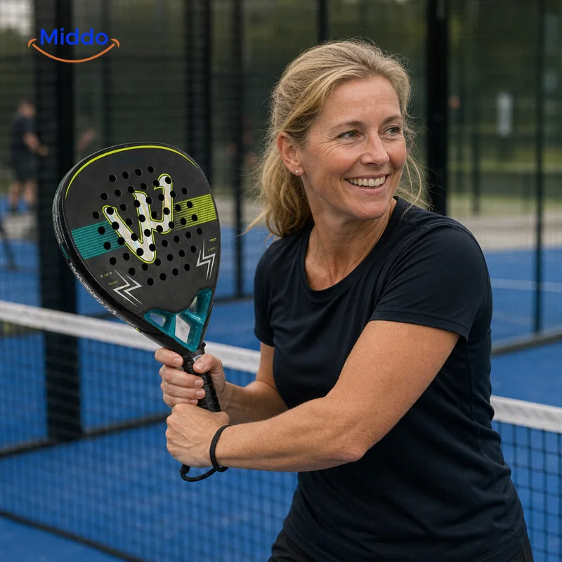 ProStrike padelracket: vrouw met racket in een backhandhouding.
