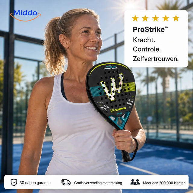 ProStrike padelracket: vrouw met zwart racket en turquoise accenten.