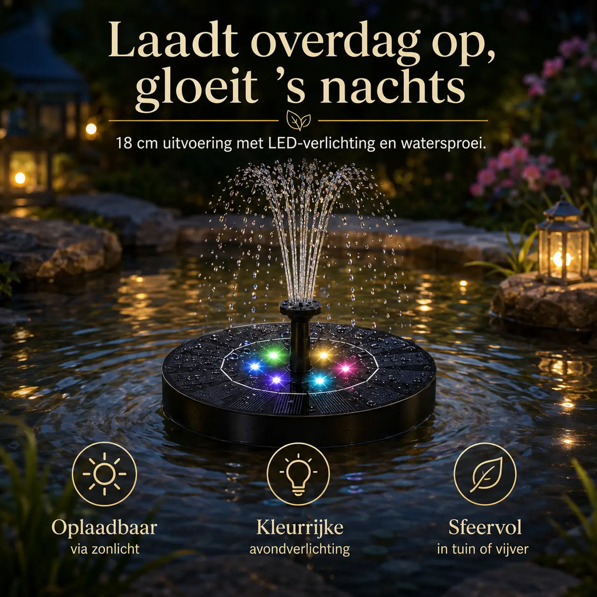 Middo Solar Oasis 18 cm zonnefontein met LED-verlichting voor sfeer in de avond