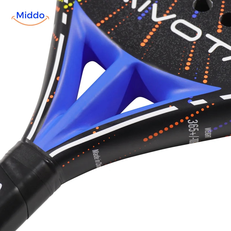 SpinDrive padelracket: detail van de blauwe racketbrug en het frame.
