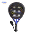 SpinDrive padelracket: zwart-blauw model van voren met polsband.