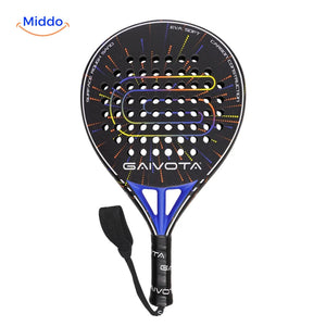 SpinDrive padelracket: zwart-blauw model van voren met polsband.