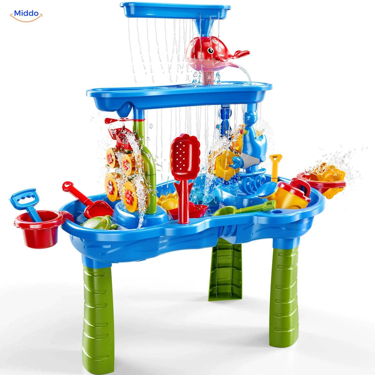 SplashPlay water- en zandspeelgoed: blauwe rechthoekige tafel met hangende waterstraaltjes.