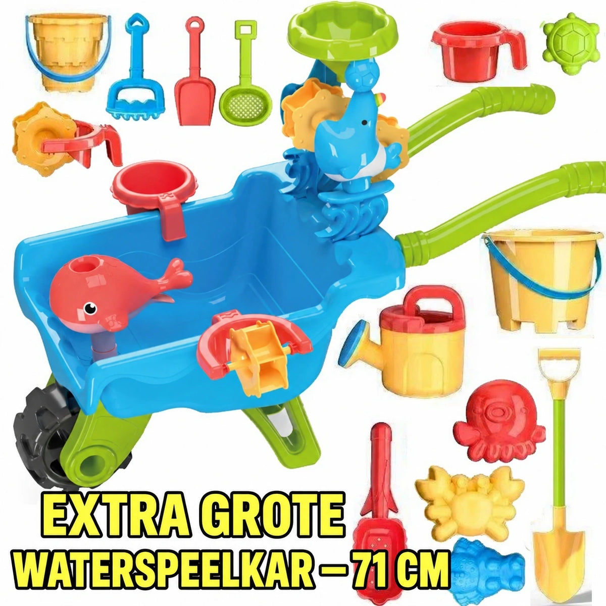SplashPlay water- en zandspeelgoed: blauwe speelkar met groene wielen en losse accessoires.