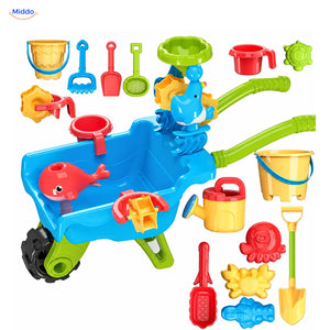 SplashPlay water- en zandspeelgoed: blauwe speelkar met schepjes, emmertje en zandvormpjes.