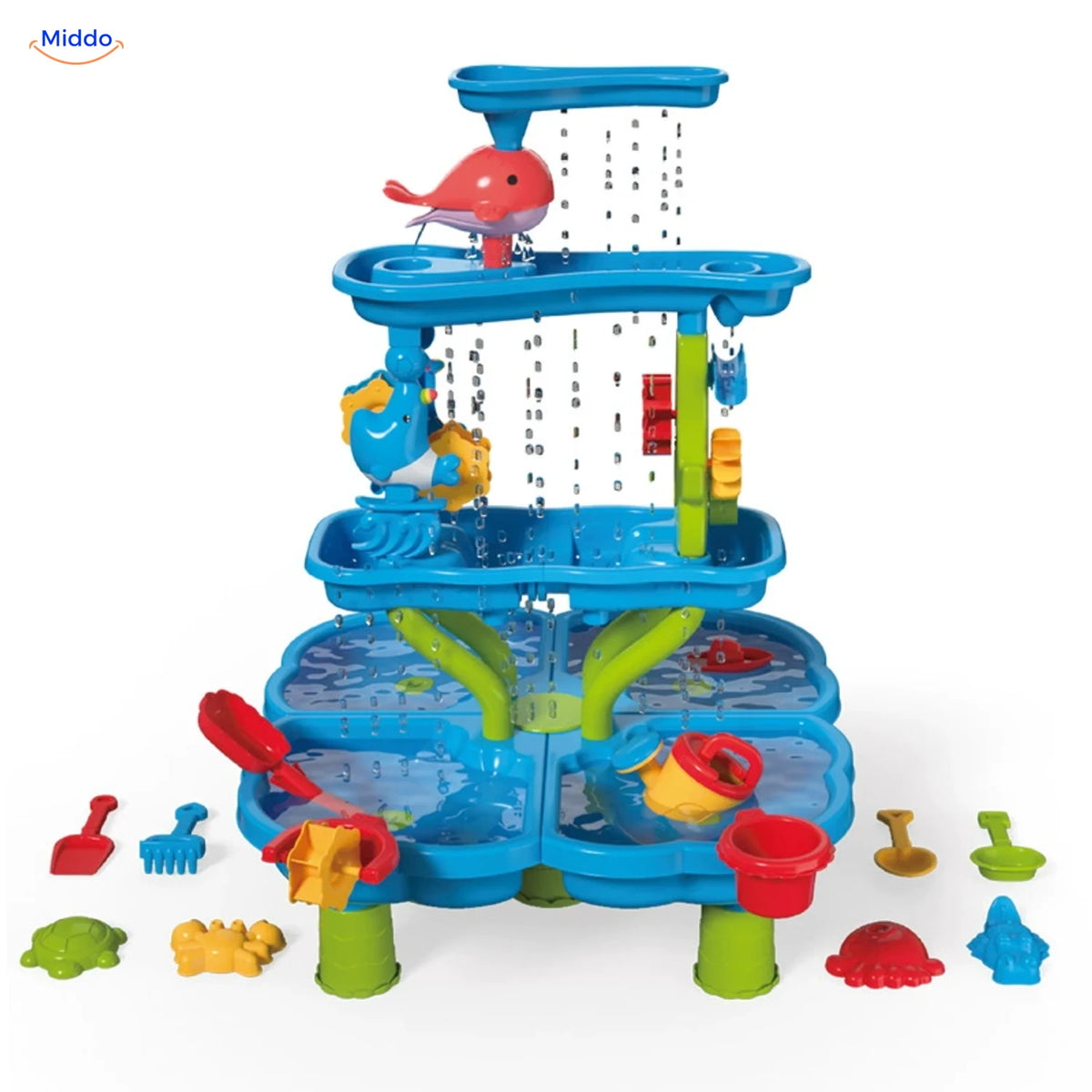 SplashPlay water- en zandspeelgoed: blauwe tafel met waterdouche, schepjes en zandvormpjes.