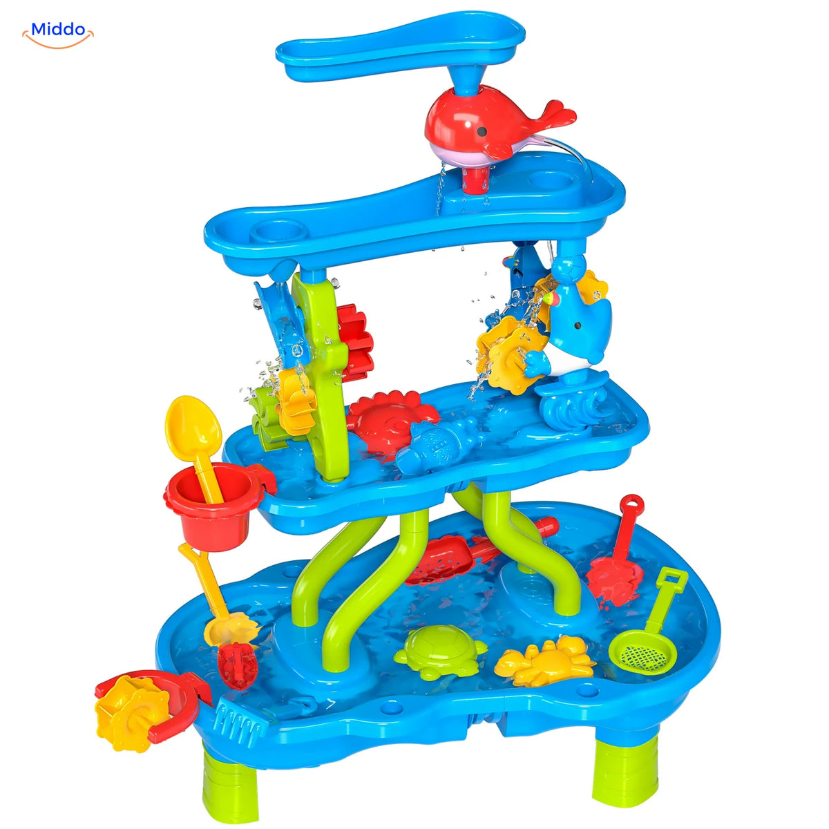 SplashPlay water- en zandspeelgoed: blauwe watertafel met drie niveaus en rode walvis.