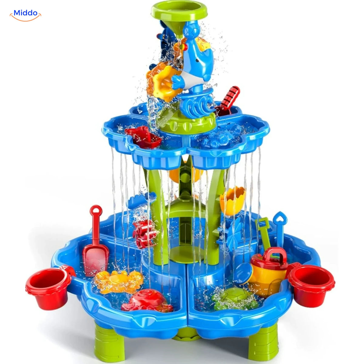 SplashPlay water- en zandspeelgoed: blauwe watertafel met twee ronde bakken.