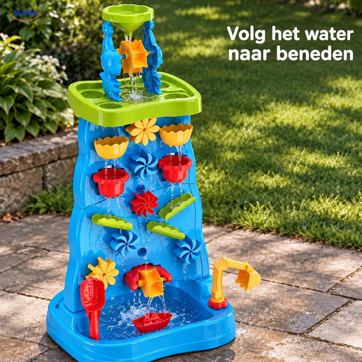SplashPlay water- en zandspeelgoed: blauwe watertoren met gekleurde draaimolentjes.