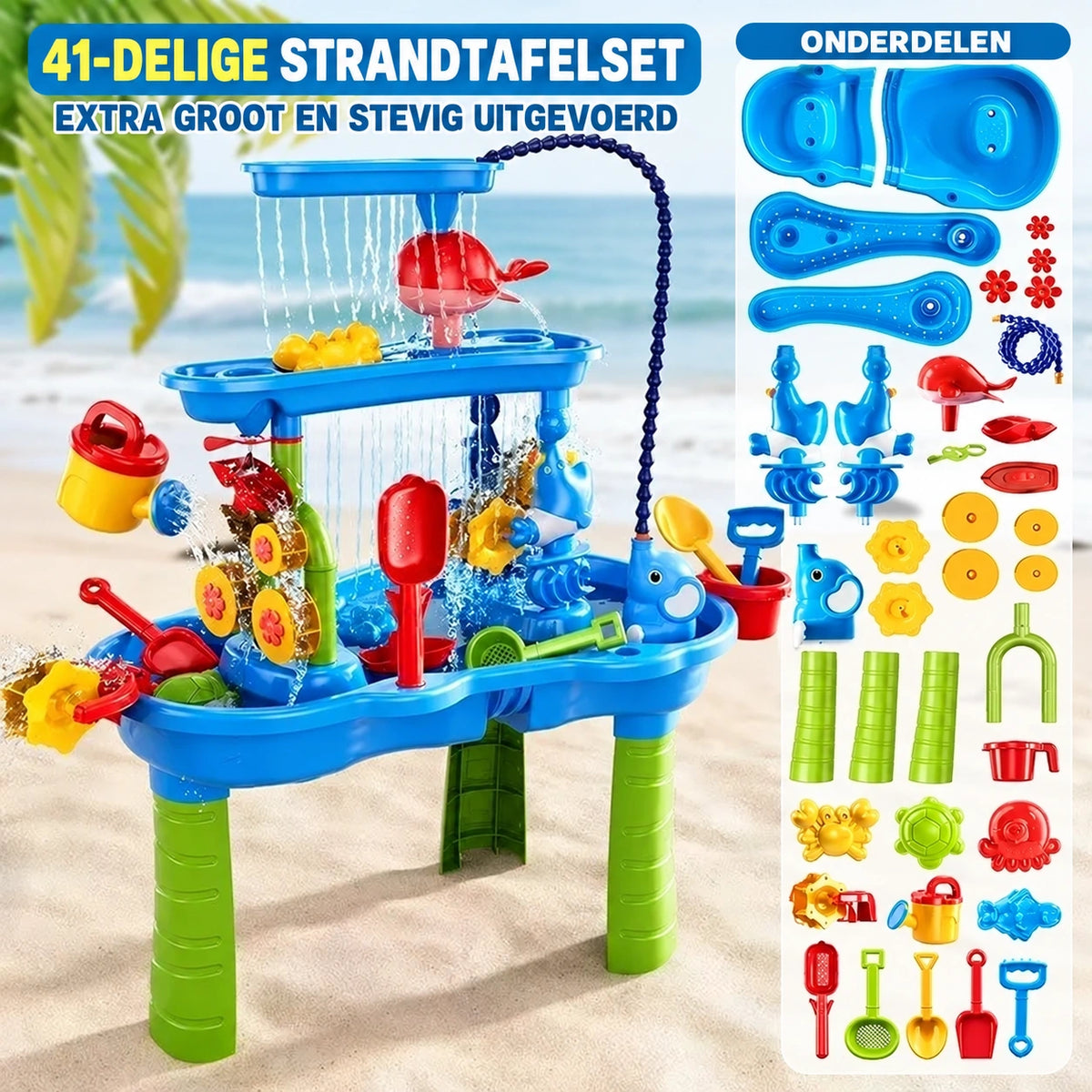 SplashPlay water- en zandspeelgoed: rechthoekige speeltafel met overzicht van accessoires.