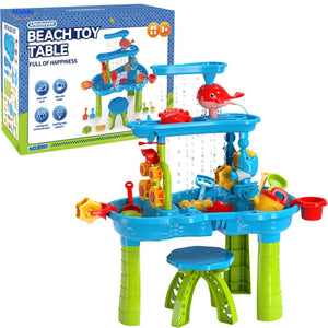 SplashPlay water- en zandspeelgoed: rechthoekige watertafel met krukje en verpakking.