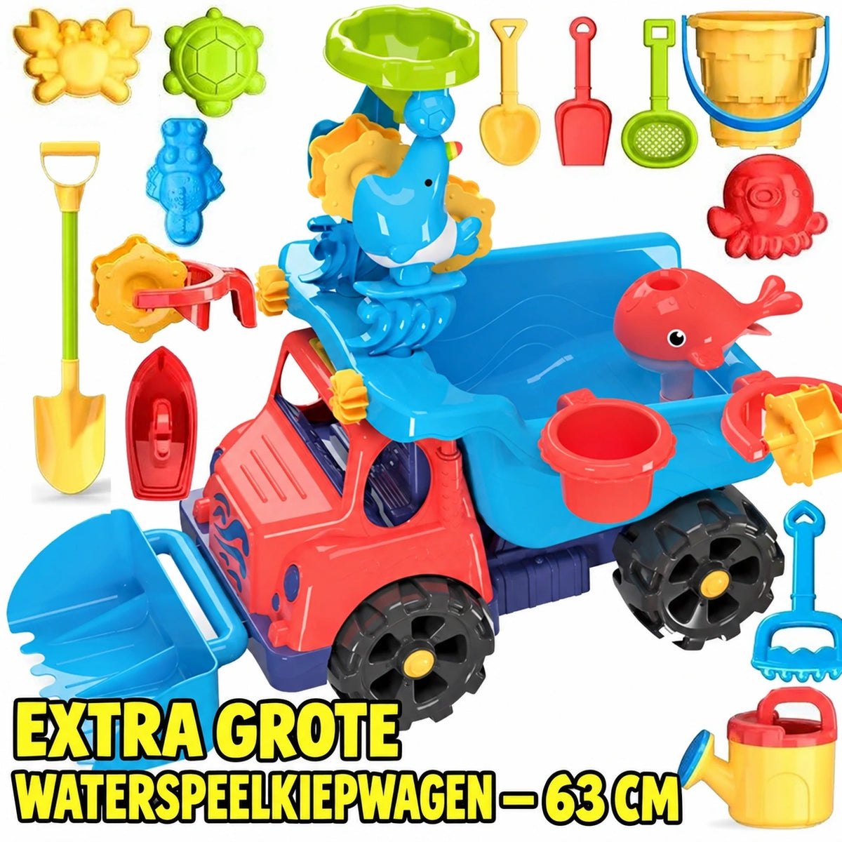 SplashPlay water- en zandspeelgoed: rode kiepwagen met blauwe laadbak en zandgereedschap.