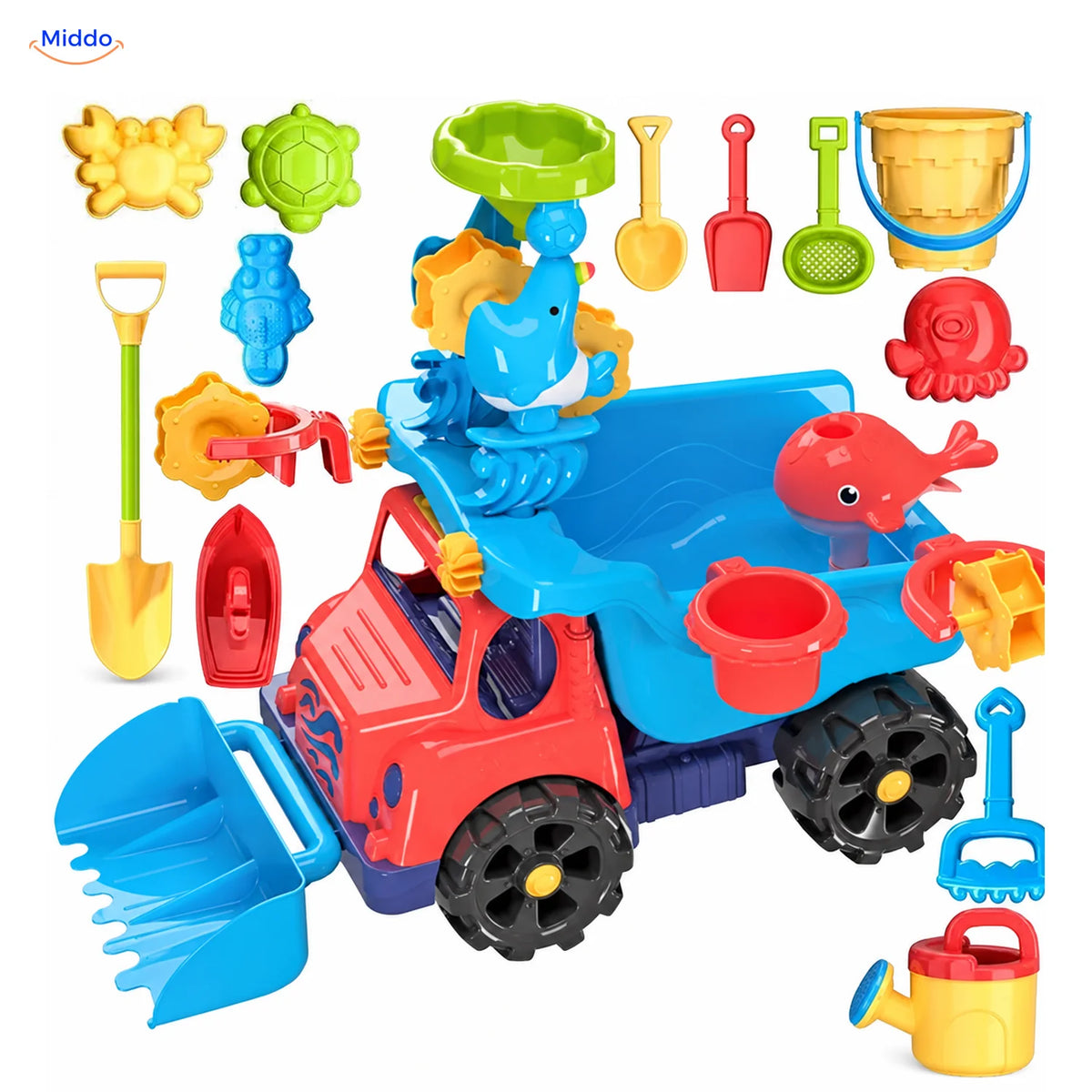 SplashPlay water- en zandspeelgoed: rode kiepwagen met schepjes, emmertje en zandvormpjes.