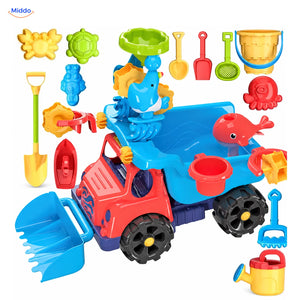 SplashPlay water- en zandspeelgoed: rode kiepwagen met schepjes, emmertje en zandvormpjes.