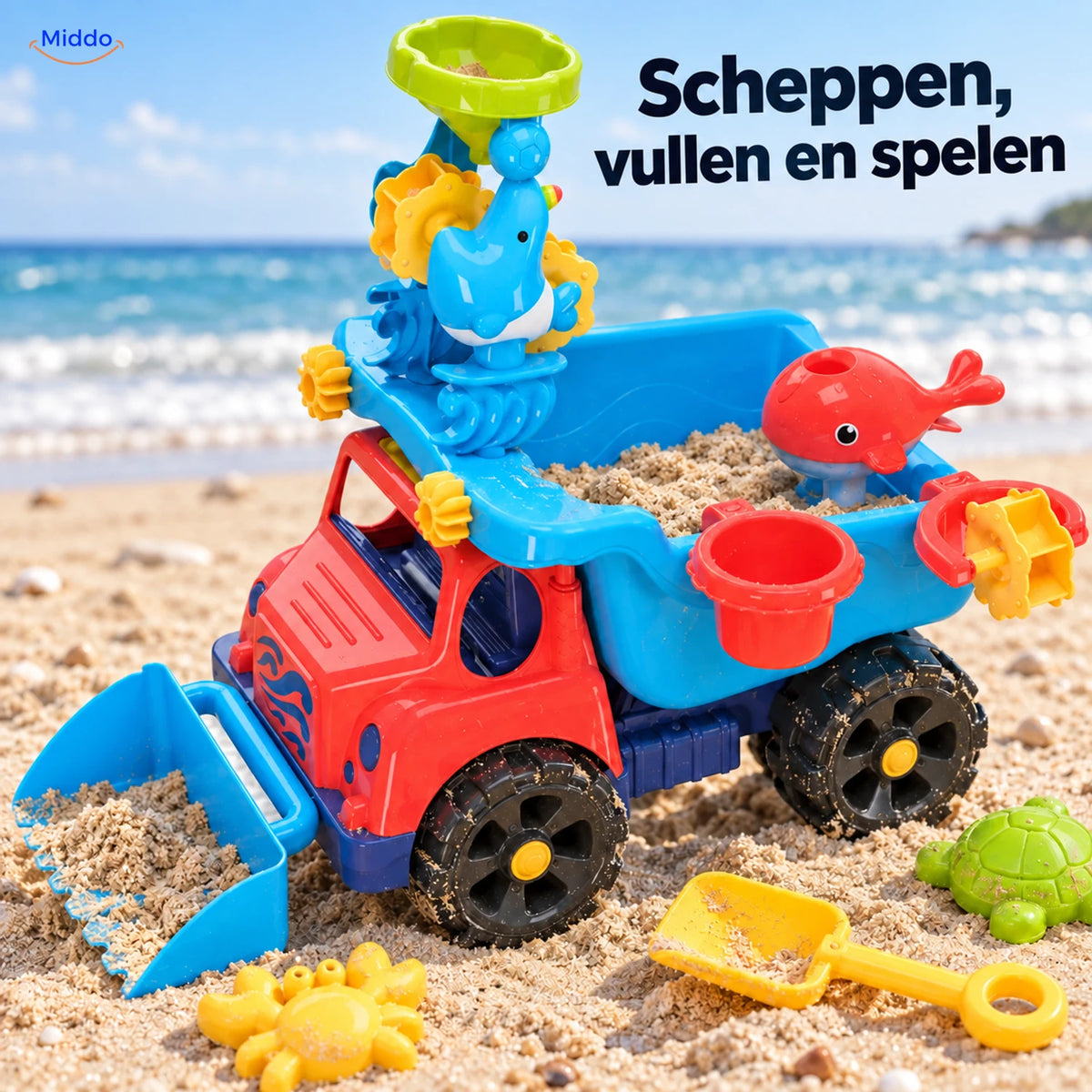 SplashPlay water- en zandspeelgoed: rode kiepwagen met zandaccessoires op het strand.