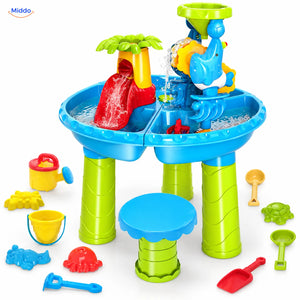 SplashPlay water- en zandspeelgoed: ronde blauwe tafel met vulkaan, accessoires en krukje.