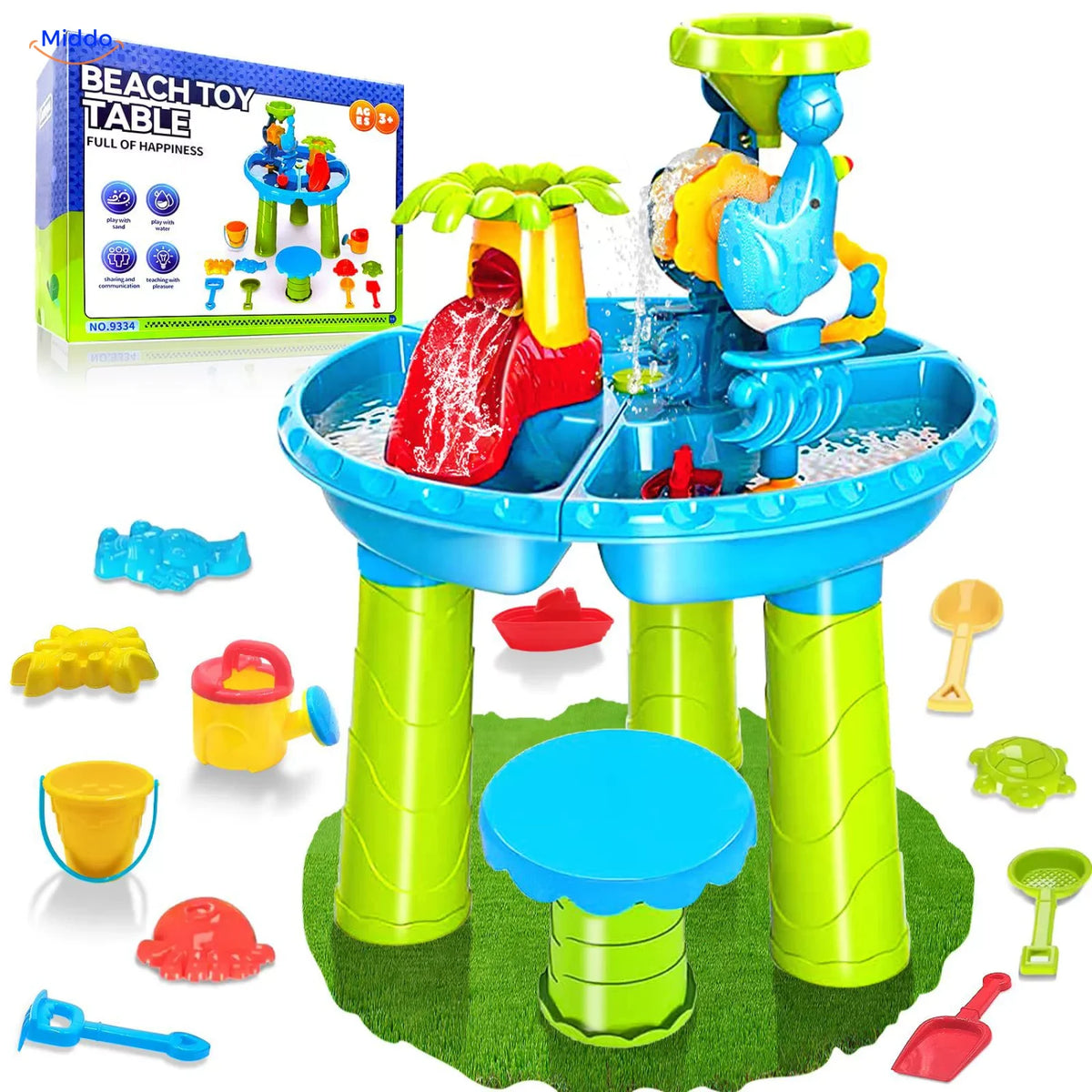 SplashPlay water- en zandspeelgoed: ronde speelset met krukje, accessoires en doos.