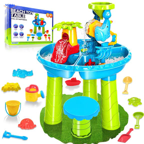 SplashPlay water- en zandspeelgoed: ronde speelset met krukje, accessoires en doos.