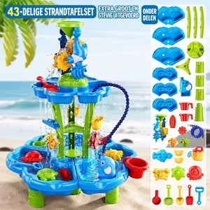 SplashPlay water- en zandspeelgoed: ronde speeltafel met slang en overzicht van accessoires.