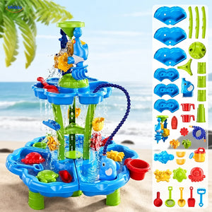 SplashPlay water- en zandspeelgoed: ronde tafel met waterslang en losse onderdelen.