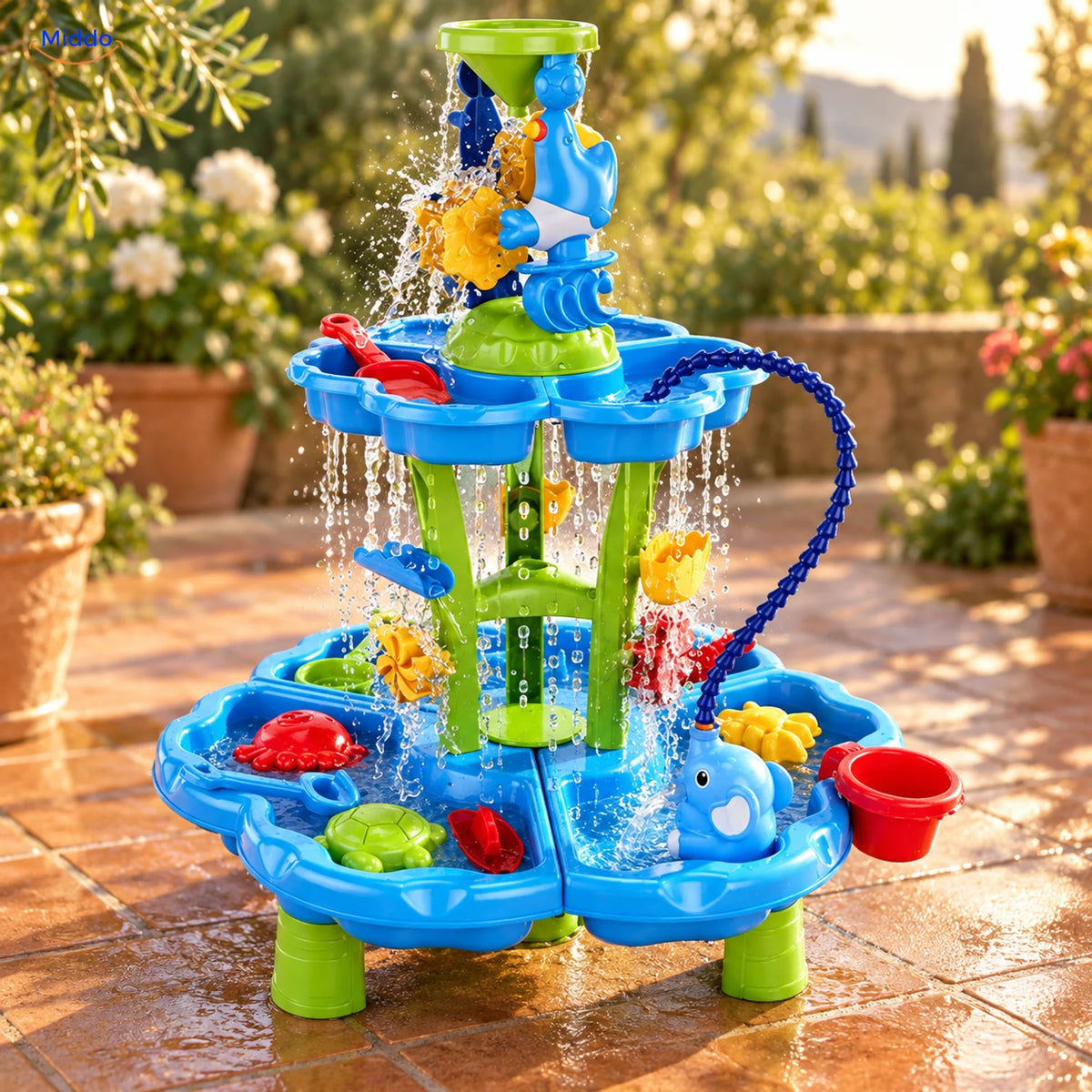 SplashPlay water- en zandspeelgoed: watertafel met twee ronde niveaus in de tuin.