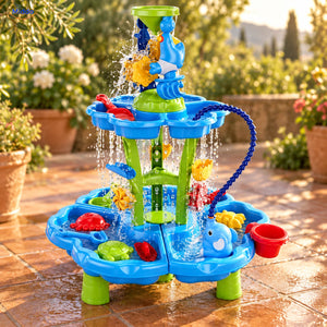 SplashPlay water- en zandspeelgoed: watertafel met twee ronde niveaus in de tuin.