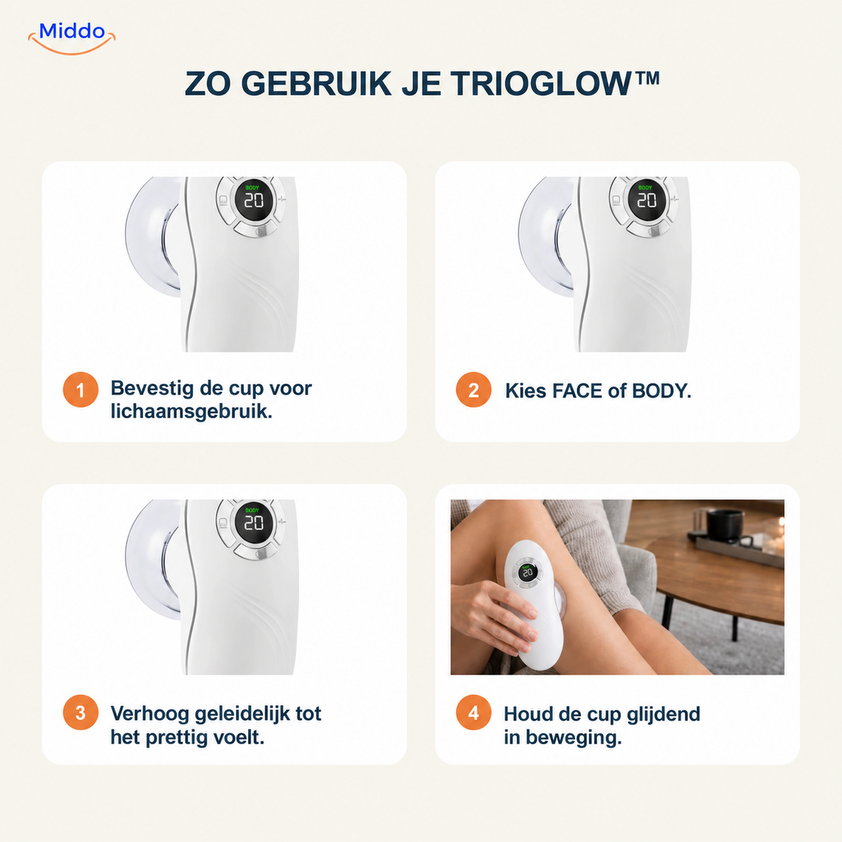 TrioGlow massageapparaat met zuigfunctie: gebruiksinstructies met bediening en lichaamscup.