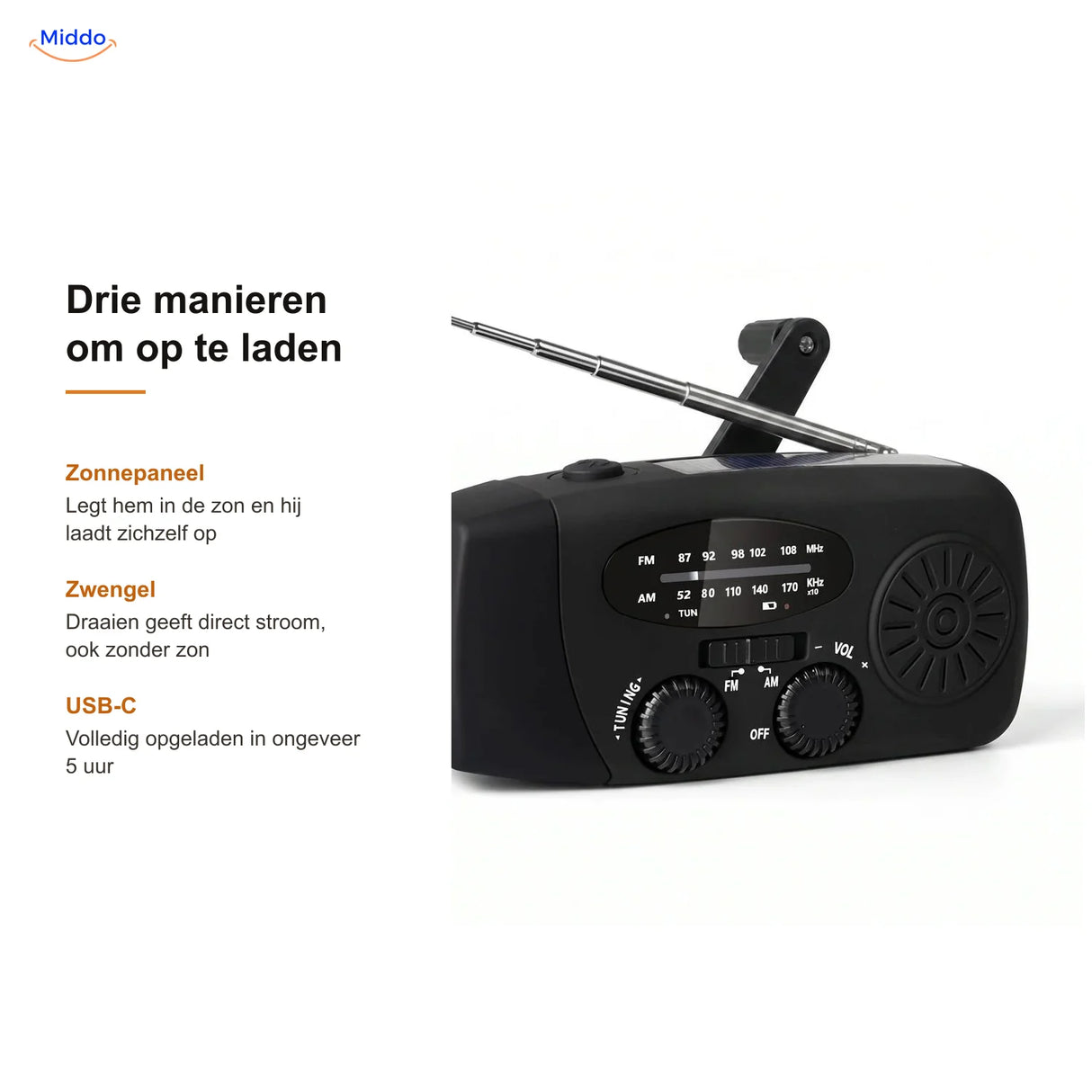 Drie manieren om de noodradio op te laden: zonnepaneel, zwengel en USB-C