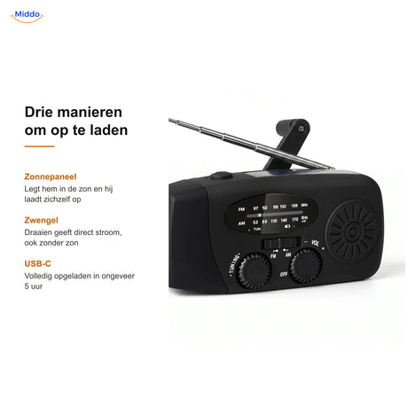 Drie manieren om de noodradio op te laden: zonnepaneel, zwengel en USB-C