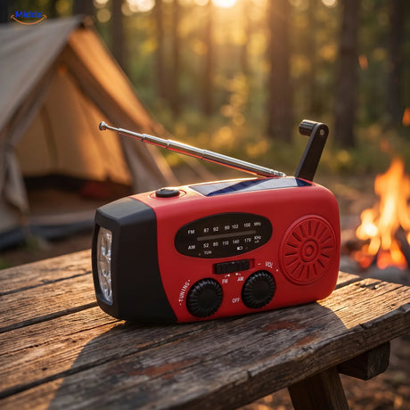 Noodradio met uitgeschoven antenne en uitgeklapte zwengel op een kampeertafel bij een tent