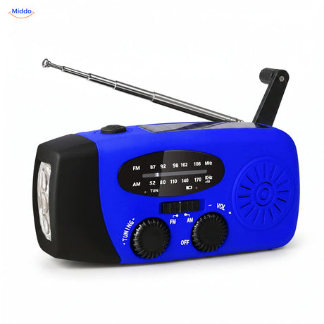 Noodradio met solar, zwengel en zaklamp blauw