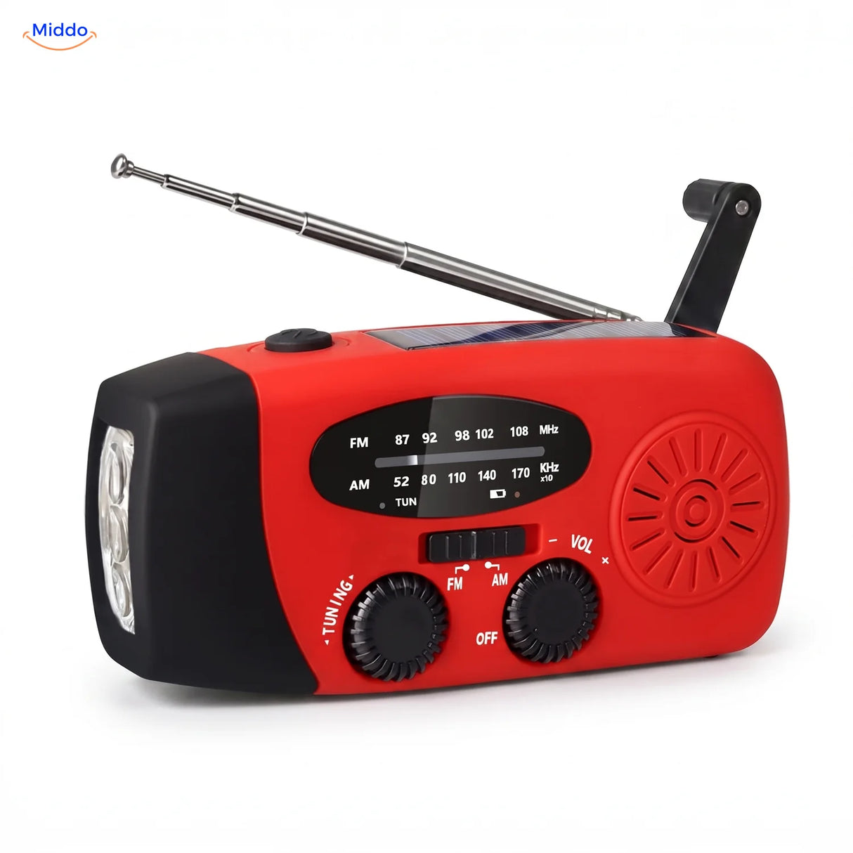 Noodradio in rood met uitgeklapte zwengel, zonnepaneel en zaklamp
