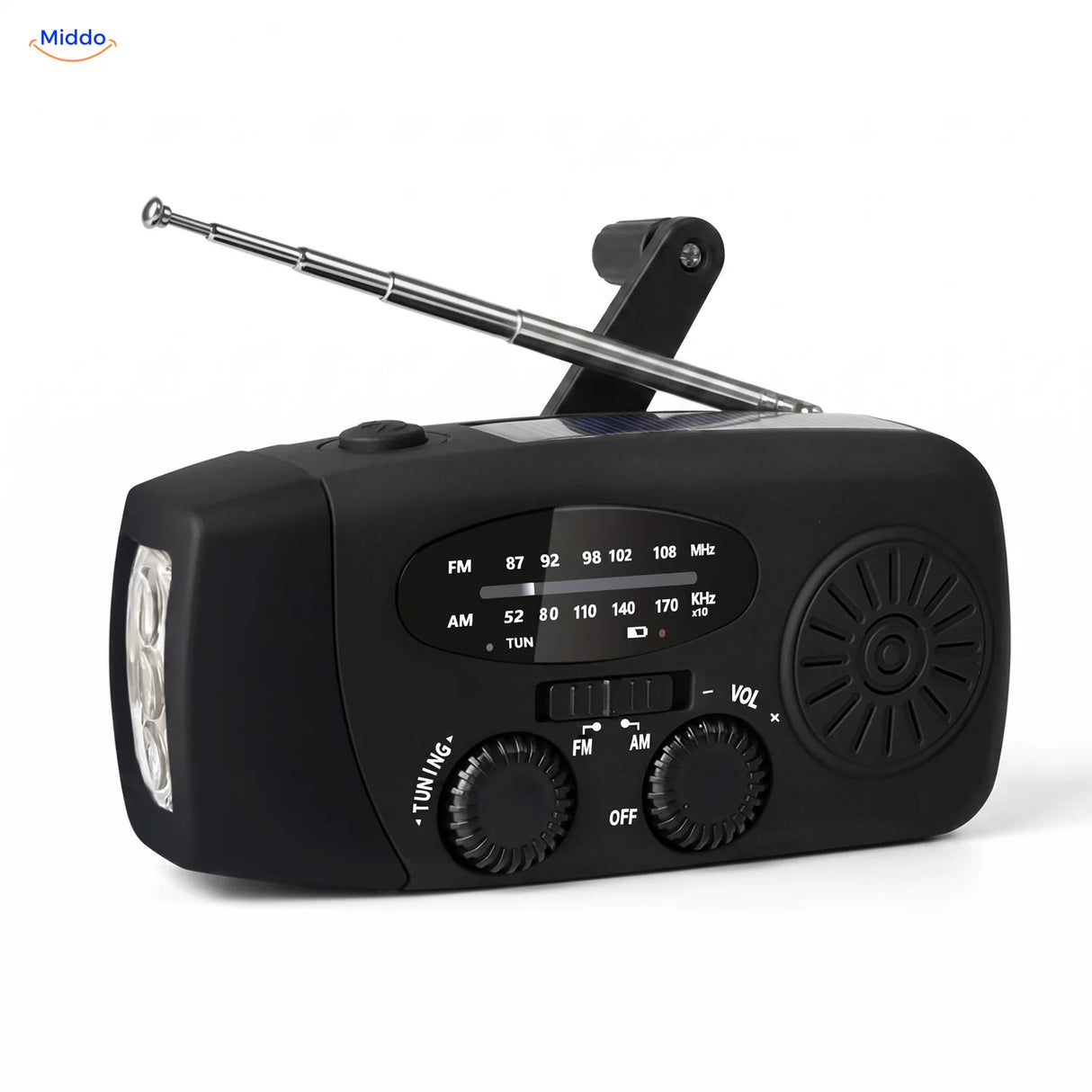 Noodradio met solar, zwengel en zaklamp zwart