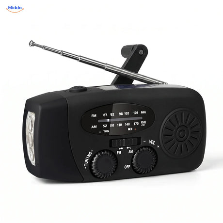 Noodradio met solar, zwengel en zaklamp zwart