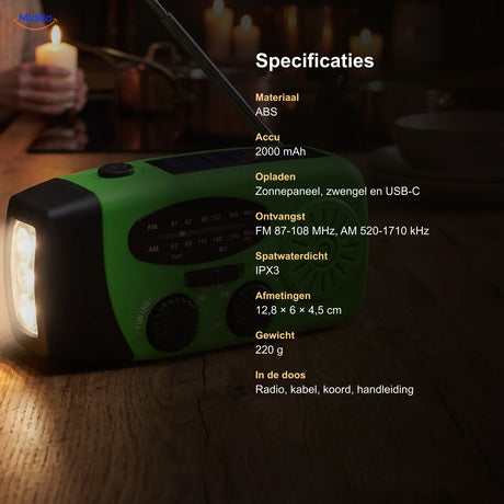 Specificaties van de noodradio: ABS, 2000 mAh, IPX3, FM en AM, 220 g