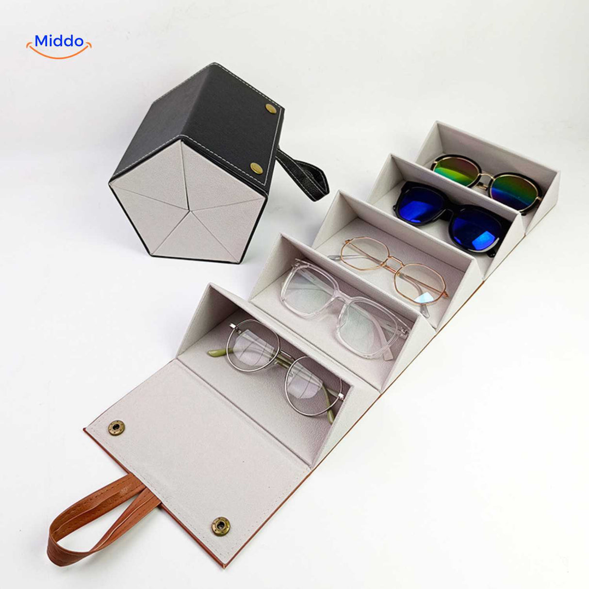optigarde brillenkoker zwart 6 vaks met brillen displayvoorbeeld www.middo.nl
