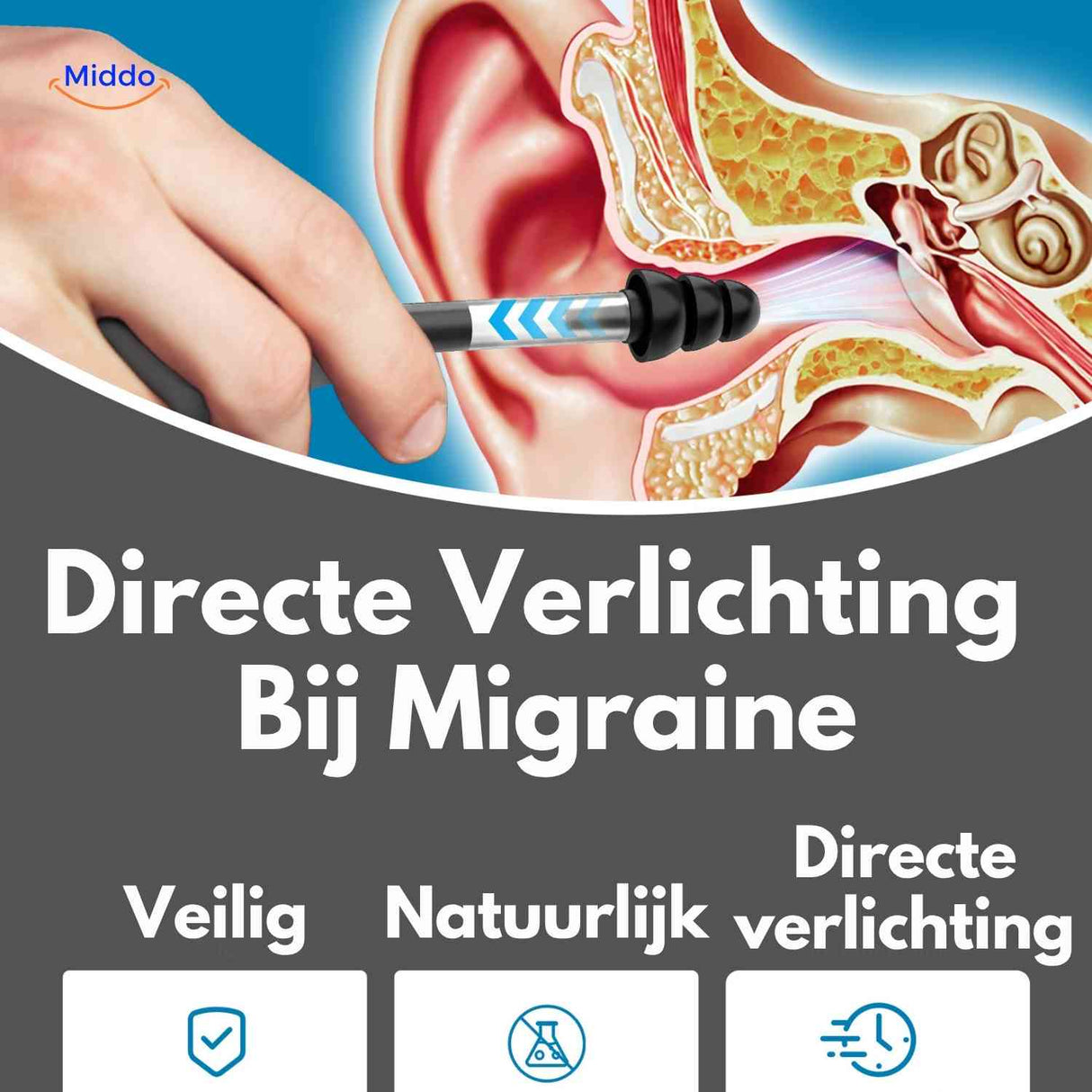 otorelief oordrukapparaat directe migraineverlichting via oor www.middo.nl