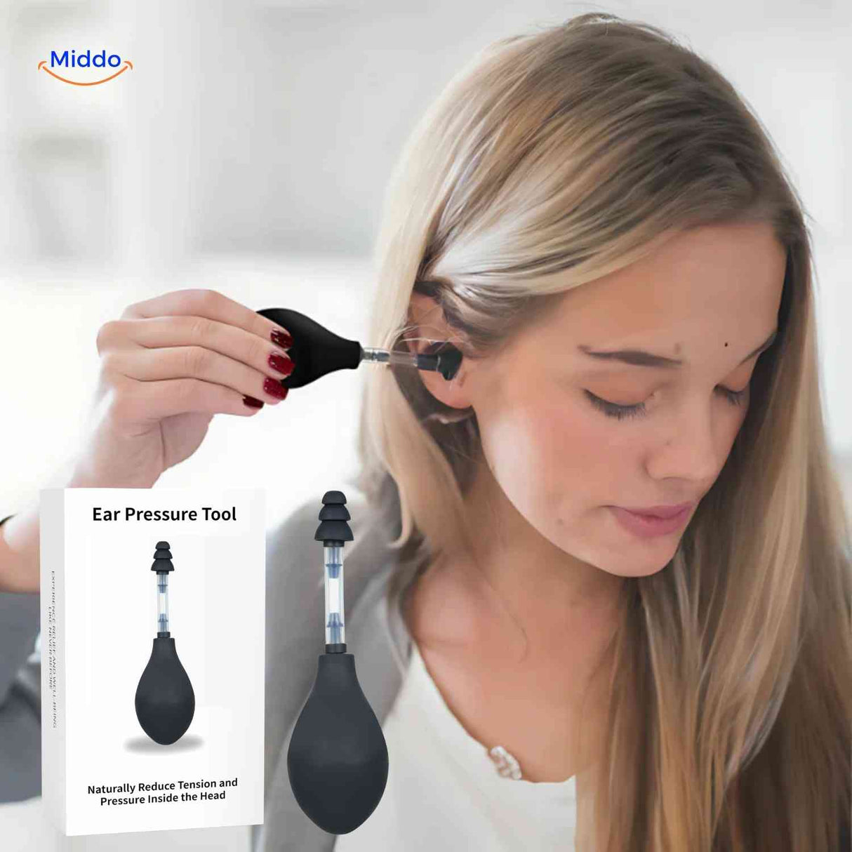 otorelief oordrukapparaat verlichting door vrouw bij oordruk www.middo.nl