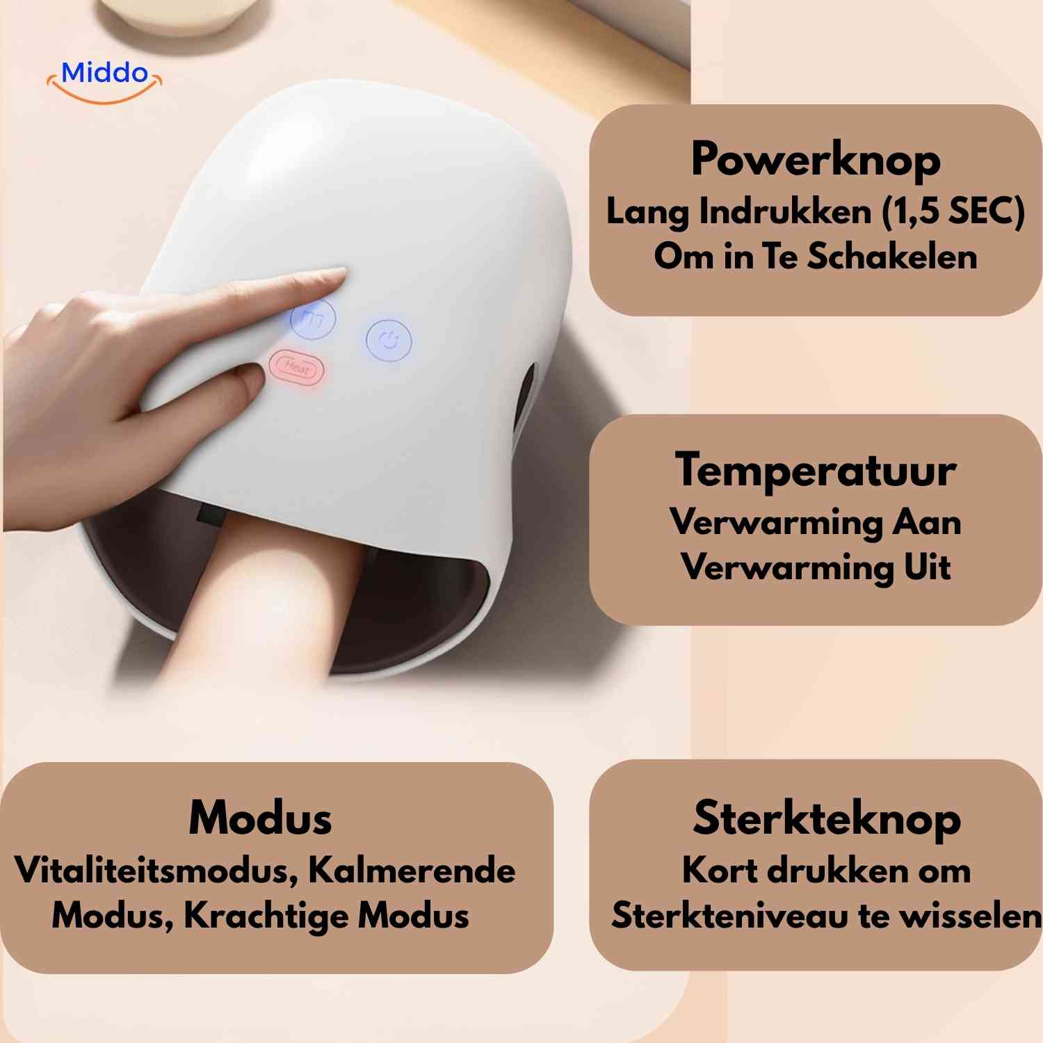 palmex massager bediening met modi verwarming en sterkte www.middo.nl