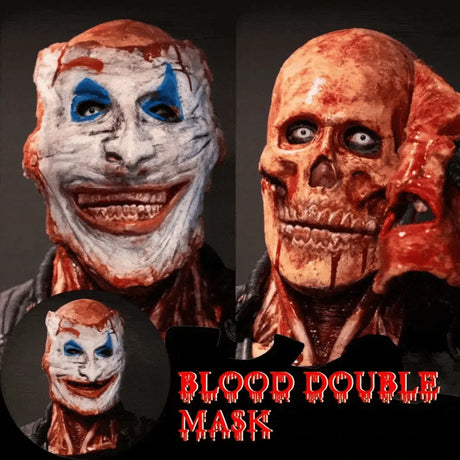 Bloed dubbel masker, realistisch Halloween masker met clown en schedel gezichten.
