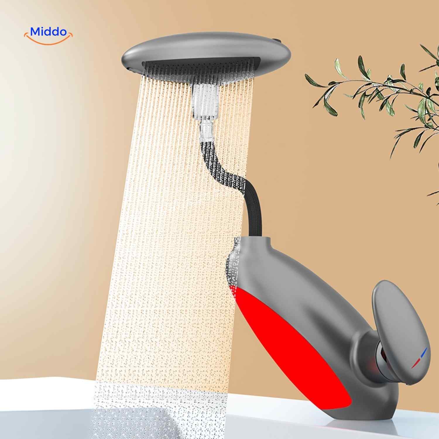 penguino kraan grijs rood waterbesparende handdouche badkamerkraan www.middo.nl