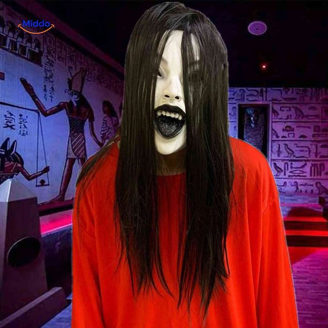 phantomix masker eng spookachtige zwartharige schreeuwmasker www.middo.nl